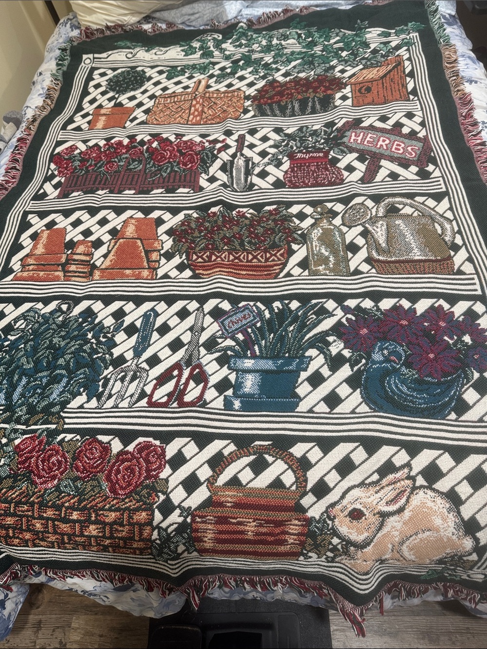 Botanical Basket Tapestry Throw with Bunny Accent
